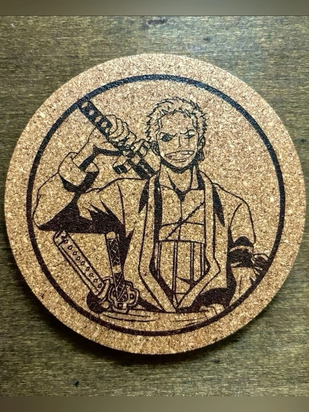 One Piece Zoro Laser Engraved Cork Coasters Lot of 6